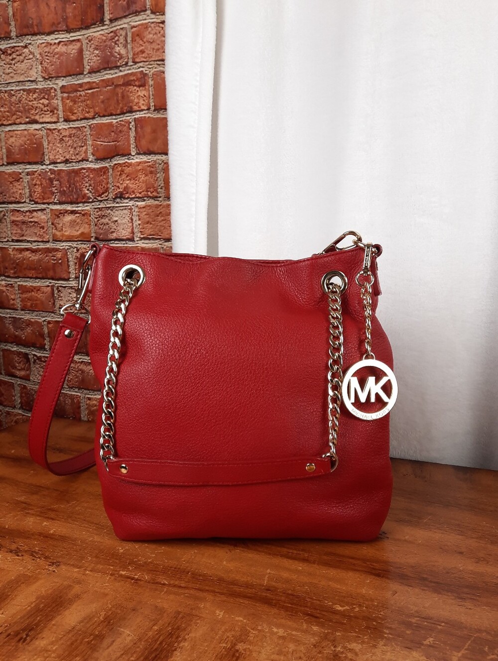 Michael Kors Red Pebbled Leather Shoulder Bag with Gold Chain Straps